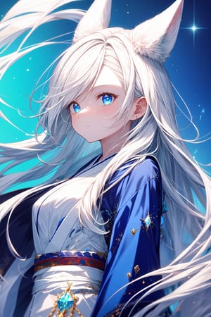 1girl, female_solo, white hair, long hair, blue eyes, white kimono, white wolf ears, white wolf tail, blue background, glowing, complex_background, cool themes, crystals,(masterpiece:1.3),(highly detailed:1.3),(highres:1.1),Ultra-detail