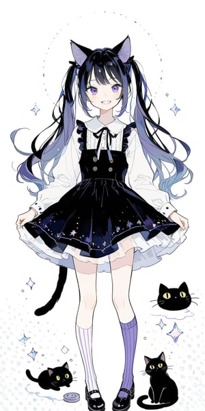 1girl, solo_female, puple hair, long hair, two ponytails, lavender hair, black cat ears, 1cat tail, black cat tail, purple dress with black laces, socks, purple and white striped socks, long knee length socks, blue cat eyes, cat pupils in the eyes, aesthetic, standing, smiling, wide smile, cat teeth, BIG_CAT_PUPILS, mischevious grin, crystal background