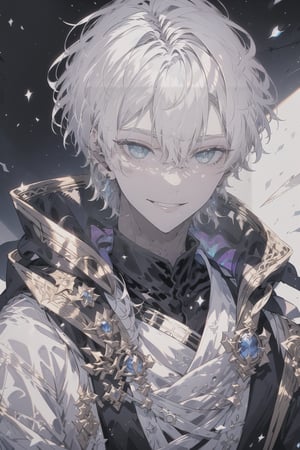 1boy, short hair, white hair, bright lighting, light shining on hair, white background, sitting, prince, blue eyes, pale skin, looking_at_viewer, grinning, smile, close up, portrait, white royal attire, silver long earpiercing, masterpiece, best quality, amazing quality, white aesthetic, very aesthetic