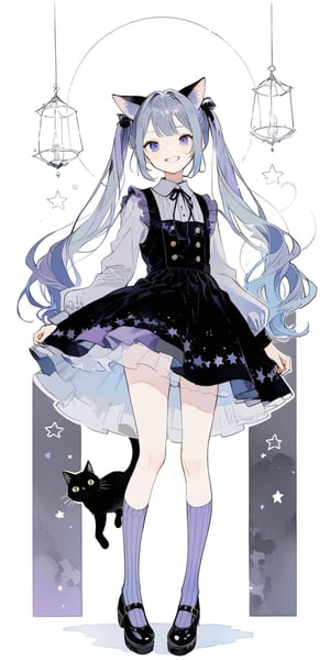 1girl, solo_female, puple hair, long hair, two ponytails, lavender hair, black cat ears, cat tail, black cat tail, purple dress with black laces, socks, purple and white striped socks, long knee length socks, blue cat eyes, cat pupils in the eyes, aesthetic, standing, smiling, wide smile, cat teeth, BIG_CAT_PUPILS, mischevious grin