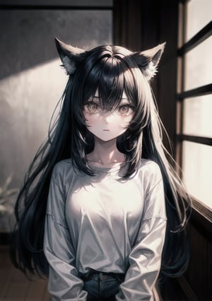 1girl, solo_female, long hair, black hair, masterpiece, wolf ears, wolf tail, white wolf ears, white wolf tail, white sweatshirt, gold eyes,  cold expression, looking_at_the_viewer, wearing white denim shorts, portrait, closeup, tall girl, simple_background, indoors, chinese interior, rim lighting, dramatic lighting, beautiful, lineart,txznf