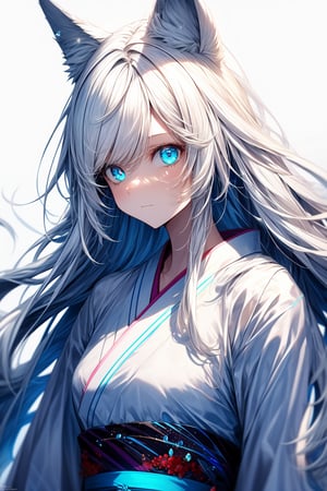 1girl, female_solo, white hair, long hair, blue eyes, white kimono, white wolf ears, white wolf tail, blue background, glowing, complex_background, cool themes, crystals,(masterpiece:1.3),(highly detailed:1.3),(highres:1.1),Ultra-detail, looking_at_viewer