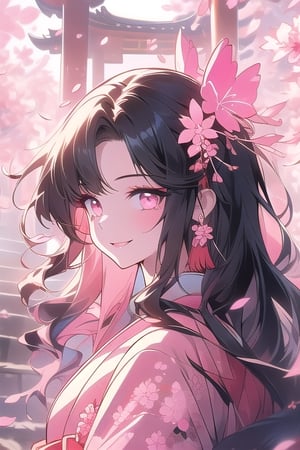 (1girl, black hair, long hair, wavy hair, pink eyes,), masterpiece, best quality, (beautifully aesthetic:1.2), smiling, happy, kimono, pink kimono, floral print,  scenery, forest, cherry blossoms, temple, stairs, sky, petals, midjourney, portrait, water colour,Simple Sakura,1 girl, midjourney portrait,Sakura background