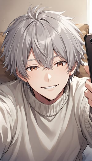 solo, smilling, 1boy, holding, brown eyes, male focus, gray hair with white tips, sweater, pillow, phone, cellphone, smartphone, holding phone, ;\), selfie,tensura_style