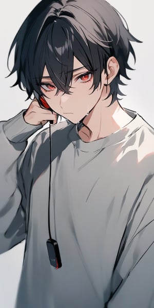 looking at viewer, short hair, light red eyes, simple background, shirt, 1boy, holding, hair between eyes, closed mouth, gray shirt, black hair, male focus, red eyes, earphones, cold expression
