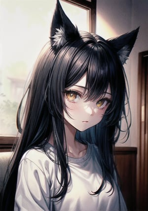 1girl, solo_female, long hair, black hair, masterpiece, wolf ears, wolf tail, white wolf ears, white wolf tail, white sweatshirt, gold eyes,  cold expression, looking_at_the_viewer, wearing white denim shorts, portrait, closeup, tall girl, simple_background, indoors, chinese interior, rim lighting, dramatic lighting, beautiful, lineart,txznf