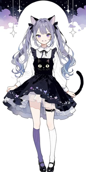 1girl, solo_female, puple hair, long hair, two ponytails, lavender hair, black cat ears, 1cat tail, black cat tail, purple dress with black laces, socks, purple and white striped socks, long knee length socks, blue cat eyes, cat pupils in the eyes, aesthetic, standing, smiling, wide smile, cat teeth, BIG_CAT_PUPILS, mischevious grin