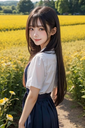 1girl, asian girl, solo, long hair,  looking at viewer, smile, bangs, blue eyes, school dress, very long hair,   stand in flower field