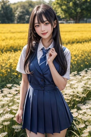 1girl, asian girl, solo, long hair,  looking at viewer, smile, bangs, blue eyes, school dress, very long hair,   stand in flower field