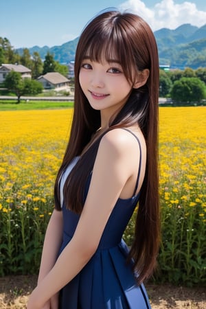 masterpiece, best quality, masterpiece,best quality, 1girl, asian girl, solo, long hair, looking at viewer, smile, bangs, blue eyes, school dress, very long hair, stand in flower field