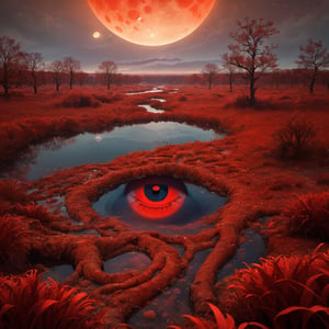 masterpiece, best quality, masterpiece,best quality, A strange place. The ground is grass that looks like human hands. There are red rivers and an eye-shaped big red moon. nightmare scene, 