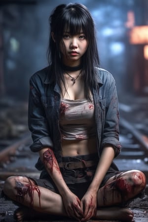 1girl, solo, realistic photo, cute asian girl, long hair, Wound on face, bangs, black hair, medium breasts, sitting, choker,  depth of field, blurry background,  Zombie, Realstic, (full body:1.4), (stand abnormal:1.4)