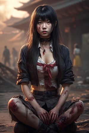 1girl, solo, realistic photo, cute asian girl, long hair, Wound on face, bangs, black hair, medium breasts, sitting, choker,  depth of field, blurry background,  Zombie, Realstic, (full body:1.4), (stand abnormal:1.4)