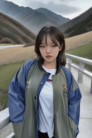 sze, 1girl, solo, woman, outdoor, mountains, oversize jacket, looking at viewer, realistic