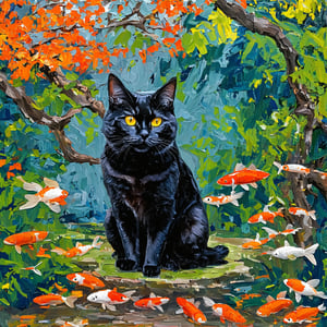 Vibrant acrylic-impasto artwork featuring a majestic black cat situated amidst lush, serene Japanese garden surroundings. Thick palette knife strokes create textured, raised areas, as bold and contrasting colors dance across the canvas. The feline subject sits regally, its piercing yellow eyes gleaming with playful intensity, while its undulating tail subtly conveys movement. Framed by tranquil koi ponds, gnarled trees, and carefully manicured greenery, the cat's gaze meets the viewer's, inviting contemplation.