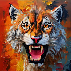 The head of a tiger in the foreground. His eyes indicate fury and his open mouth is aggressive, impasto-acrylic