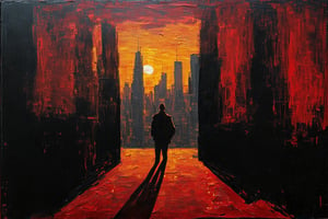 A dystopian scene emerges: a foreboding cityscape at dusk, with towering buildings shrouded in darkness. Thick acrylic impasto textures evoke a sense of gritty realism, as if the very walls are suffocating under the weight of oppression. A dominant, ominous figure looms large in the distance, its all-seeing eye a constant reminder of Big Brother's watchful gaze. Vivid, clashing colors bleed together, casting long shadows that seem to swallow everything in their path. The text 1984 screams defiantly across the top, a bold declaration of resistance against the totalitarian regime.