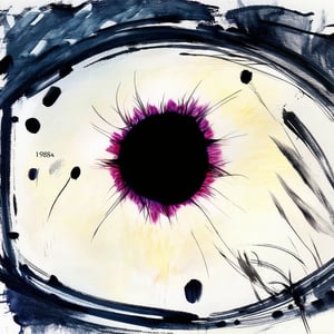 Generate a digital masterpiece that draws inspiration from abstract art. A large threatening eye, with a black iris, appears to be spying in the style of the book 1984, in dark tones. Acrylic paint style. Abstract Paint,paint,acrylic paint,painting