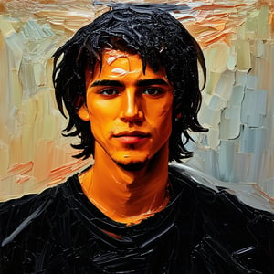 Portrait of a young man looking serious at the camera. His hair is dark and falls straight to his shoulders. impasto-acrylic