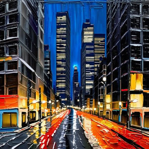 Acrylic, impasto, impasto painting style with acrylic, thick and textured palette knife strokes, thick impasto. A nighttime view of a large city, with its bright avenues and skyscrapers. CossaStyle