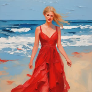 A young blonde woman in a red dress walks on the beach. impasto-acrylic