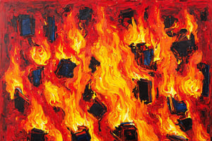 Acrylic on canvas painting. Modern abstract painting style. Thick and distinctive brushstrokes, vivid brushstrokes. Generate a digital masterpiece inspired by modern abstract painting. An image that represents the dystopian and totalitarian society reflected in the novel Fahrenheit 451, written by Ray Bradbury. Primarily in vibrant tones of fire, representing the burning of books carried out by firefighters under orders from the totalitarian government. Abstract.