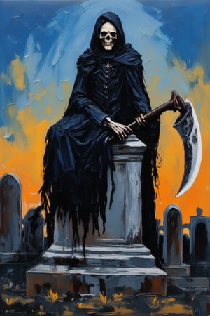 Graveyard scene at dusk: Death sits atop a weathered tombstone, donning a flowing black cloak with a dark hood, grasping an ornate scythe in one hand. Its skeletal face, adorned with a mournful expression, gazes down upon the mortal realm. Shadows dance across the crumbling stone as the last rays of sunlight fade, setting the tone for a somber and haunting tableau., impasto-acrylic