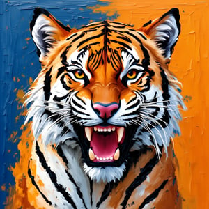 The head of a Bengal Tiger in the foreground. His eyes indicate fury and his open mouth is aggressive, impasto-acrylic