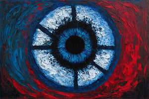 Acrylic painting on canvas. Modern abstract painting style. Thick and distinctive brushstrokes, vivid brushstrokes. Generate a digital masterpiece that draws inspiration from the modern abstract painting style. An image that represents the dystopian and totalitarian society reflected in George Orwell's novel 1984. The concepts of Big Brother and the all-seeing eye. Primarily in dark, heavy, and dense tones, expressing the oppressed life under a totalitarian state as described in the book,Abstract