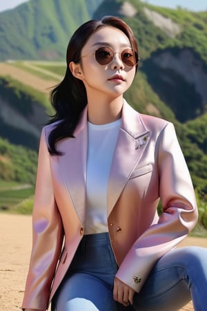 dami, 1girl, upperbody, sports jacket, sunglasses, beautiful scenery, on the ground, realistic, high quality, masterpiece