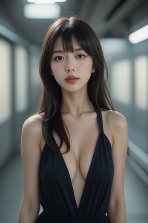 Model in the station Beautiful Taiwanese Asian woman, full body shot, fashion model, dynamic pose, straight bangs hairstyle, person with round face and flat bangs, long hair depth, straight bangs, high fashion portrait, detail, standing, depth of field