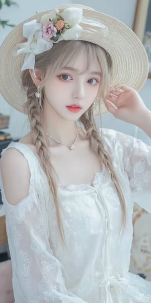 1girl, solo, long hair, looking at viewer, bangs, blonde hair, hat, dress, bow, ribbon, brown eyes, jewelry, braid, flower, earrings, frills, indoors, necklace, white dress, blurry, twin braids, lace, beads, pearl necklace, pearl \(gemstone\)