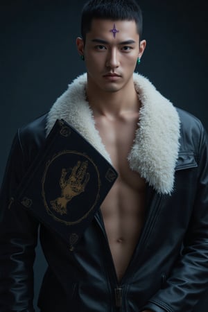 Master-level photo photography, a handsome black-haired boy with deep facial features, a cold and evil boy, the God of Gamblers' bald head with a neatly combed back hair, a delicate purple cross on his forehead and green crystal balls in his earlobes, and a strong figure under an open black leather coat with a large white fur collar Abs, holding a black book with a golden handprint on the cover, moonlight hazy