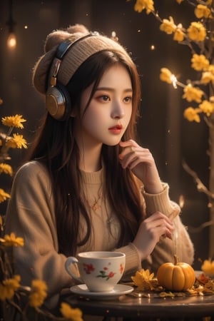 Real portrait photography, 8K, HD, the center of the composition is a young black-haired Korean woman wearing a knitted hat and sweater. She is immersed in music with headphones on her head. She is softly illuminated by the warm light of a candle. The woman stared thoughtfully into the distance, placing a hand lightly near her chin. There are small points of light like stars in the background, adding to the charming atmosphere. On the table in the foreground are a tea cup, a candle and a small pumpkin, fitting in with the autumn theme. Bright yellow flowers add a touch of nature, bringing a sense of tranquility and warmth to the image.