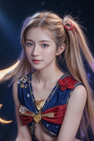 8K photography, with a surreal style, vivid colors and intricate details. The composition of the work centers on a Sailor Moon-like character, against a dark cosmic background dotted with glowing crescent moons and stars. The Taiwanese beauty has long blonde ponytails decorated with crystals and wears a sailor suit with a red bow and heart-shaped badge. The background is a blurry blue with celestial symbols emphasizing the magical theme. Echoing the character’s iconic pose.