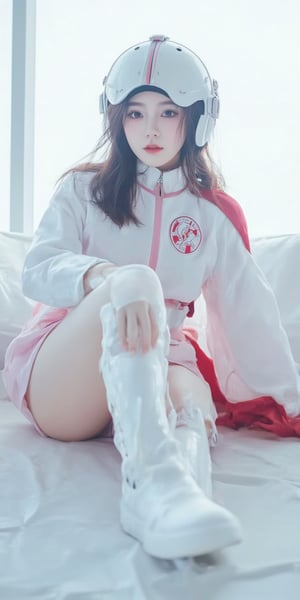 Real portrait photography captures characters with anime aesthetics, focusing on sharp and vivid details. The composition is centered, with the protagonist looking directly into the camera. The character is a young Taiwanese woman wearing a helmet, white and pink outfit, red cape and badge, reminiscent of a superhero or anime character. She sits on the white surface in a relaxed position, one knee slightly raised. The background is soft light coming through the windows, giving it a modern or futuristic vibe. The overall tone is bright and clean, highlighting the characters' clothing and expressions.