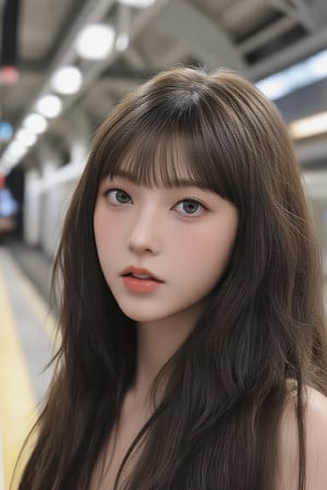 Model in the station Beautiful Taiwanese Asian woman, full body shot, fashion model, dynamic pose, straight bangs hairstyle, person with round face and flat bangs, long hair depth, straight bangs, high fashion portrait, detail, standing, depth of field