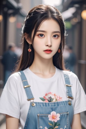 16K portrait photography, Taiwanese beauty, wearing a white loose T-shirt with Maltese pattern, blue denim overalls, fashionable cherry blossom gem earrings on her ears, and a white Maltese, full of casual atmosphere