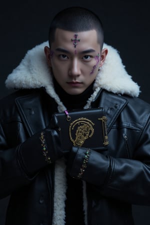 Master-level photo photography, a handsome black-haired boy with deep facial features, a cold and evil boy, the God of Gamblers' bald head with a neatly combed back hair, a delicate purple cross on his forehead and green crystal balls in his earlobes, and a strong figure under an open black leather coat with a large white fur collar Abs, holding a black book with a golden handprint on the cover, moonlight hazy