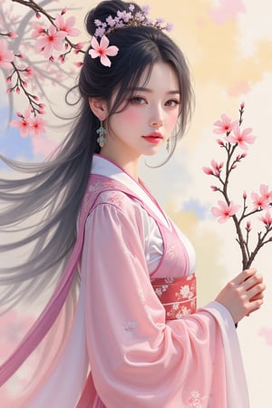 A colorful ink painting that is as real as a real photo. The central figure of the composition is a young Chinese woman wearing traditional Hanfu, which is enhanced by soft tones. Long flowing hair and delicate features stand out, while cherry blossoms adorn her hair and surrounding area, adding a sense of elegance and serenity.
The background is an abstract mix of pastel colors and ink-like splashes, reminiscent of traditional East Asian paintings that complement the subject matter. The soft colors of her dress interact subtly with the surrounding flowers, creating a harmonious balance that makes the image visually captivating and tranquil.