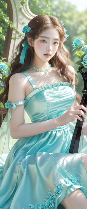 The photos are captured in a digital realism style, showcasing vibrant colors and exquisite detail. The artist's work emphasizes realistic rendering and a dreamlike atmosphere. At the center of the composition is an elegant young woman holding a bouquet of blue roses and leaning against a harp. She wore an elegant, flowing turquoise cheongsam embellished with delicate floral patterns. Her long curly hair was tied high and accessorized with matching turquoise jewelry. The background is softly blurred, highlighting the green foliage and sunny outdoors, creating a peaceful and harmonious atmosphere. The soft light and fine details of her costume add an ethereal and calm atmosphere to the image.