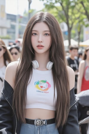 The image is illustrated in a hyper-realistic art style with anime influences, showcasing detailed and vibrant aesthetics. The composition centers on a young woman standing confidently. She has wavy brown hair and wears casual, trendy attire: a white crop top with a colorful design, headphones around her neck, and a leather jacket. The blurred background suggests a crowded outdoor event, possibly a concert or festival, with bright daylight filtering through. The image captures a sense of youthful energy and style, with meticulous attention to detail, particularly in the reflections on her outfit and the play of light in her hair.