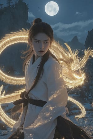 The image showcases a digital artwork with a vibrant, detailed style reminiscent of fantasy illustrations. The composition centers on a martial artist in traditional attire, dynamically posed with one hand extended forward. Behind him, an ethereal, glowing golden dragon coils, creating a sense of motion and energy. The background features a dramatic night sky with a full moon illuminating a rugged landscape, adding depth and mystique. The character's focused expression and flowing hair emphasize action and concentration. The interplay of light between the dragon and the scene highlights the fantastical element, creating a captivating visual narrative.