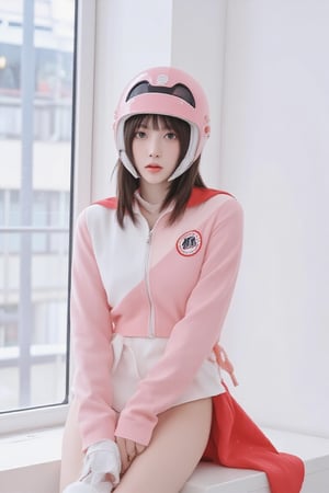 Real portrait photography captures characters with anime aesthetics, focusing on sharp and vivid details. The composition is centered, with the protagonist looking directly into the camera. The character is a young Taiwanese woman wearing a helmet, white and pink outfit, red cape and badge, reminiscent of a superhero or anime character. She sits on the white surface in a relaxed position, one knee slightly raised. The background is soft light coming through the windows, giving it a modern or futuristic vibe. The overall tone is bright and clean, highlighting the characters' clothing and expressions.