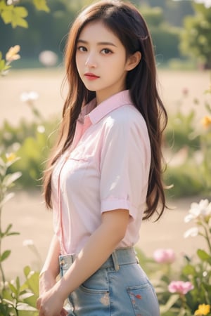 1girl, solo, long hair, looking at viewer, brown hair, shirt, holding, brown eyes, standing, white shirt, short sleeves, outdoors, parted lips, day, pants, blurry, from side, lips, blurry background, denim, pink shirt, jeans, realistic, photo background