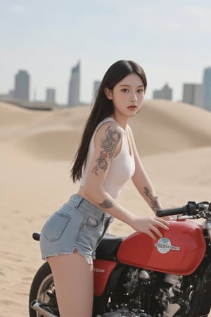 Real portrait depth of field photography. In the photo, a young woman wearing a white top and denim shorts poses confidently next to a red motorcycle. The composition is dynamic, with the subject leaning slightly forward, emphasizing the streamlined nature of the motorcycle and her posture. The background is a sandy landscape with a blurry city skyline in the distance, focusing attention on the subject. Warm light enhances the golden tones of the sand and motorcycle, creating a harmonious blend of colors. Her long hair and tattoos add an element of personality and style.