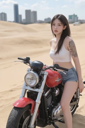 Real portrait depth of field photography. In the photo, a young woman wearing a white top and denim shorts poses confidently next to a red motorcycle. The composition is dynamic, with the subject leaning slightly forward, emphasizing the streamlined nature of the motorcycle and her posture. The background is a sandy landscape with a blurry city skyline in the distance, focusing attention on the subject. Warm light enhances the golden tones of the sand and motorcycle, creating a harmonious blend of colors. Her long hair and tattoos add an element of personality and style.