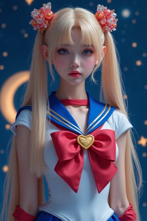 8K photography, with a surreal style, vivid colors and intricate details. The composition of the work centers on a Sailor Moon-like character, against a dark cosmic background dotted with glowing crescent moons and stars. The Taiwanese beauty has long blonde ponytails decorated with crystals and wears a sailor suit with a red bow and heart-shaped badge. The background is a blurry blue with celestial symbols emphasizing the magical theme. Echoing the character’s iconic pose.,SuchDetail