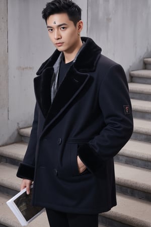 solo, looking at viewer, short hair, black hair, long sleeves, 1boy, holding, jewelry, standing, male focus, earrings, pants, coat, book, fur trim, glowing, facial mark, black pants, holding book, hand in pocket, black coat, stairs, open book, forehead mark, fur-trimmed coat, long coat