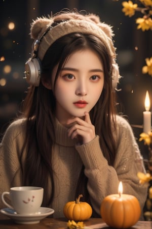 Real portrait photography, 8K, HD, the center of the composition is a young black-haired Korean woman wearing a knitted hat and sweater. She is immersed in music with headphones on her head. She is softly illuminated by the warm light of a candle. The woman stared thoughtfully into the distance, placing a hand lightly near her chin. There are small points of light like stars in the background, adding to the charming atmosphere. On the table in the foreground are a tea cup, a candle and a small pumpkin, fitting in with the autumn theme. Bright yellow flowers add a touch of nature, bringing a sense of tranquility and warmth to the image.